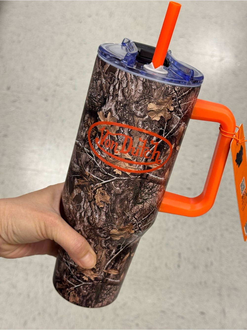 Von Dutch Brown Camo Tumbler with Bright Orange Handle & Logo
